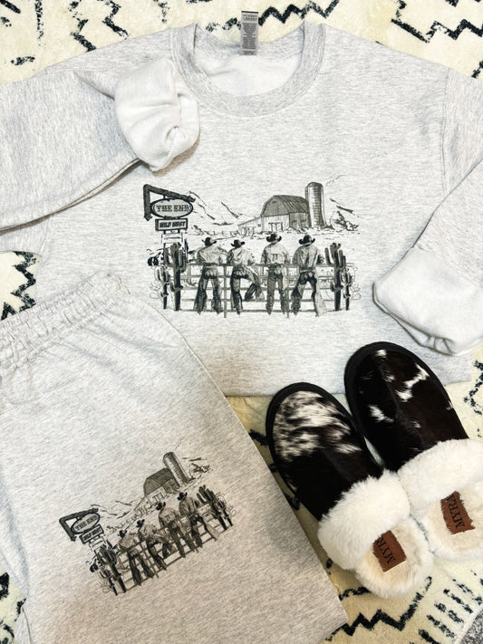 Wild West Cowboys grey lounge set with western graphic sweatshirt and sweatpants from Hides & Kinds.