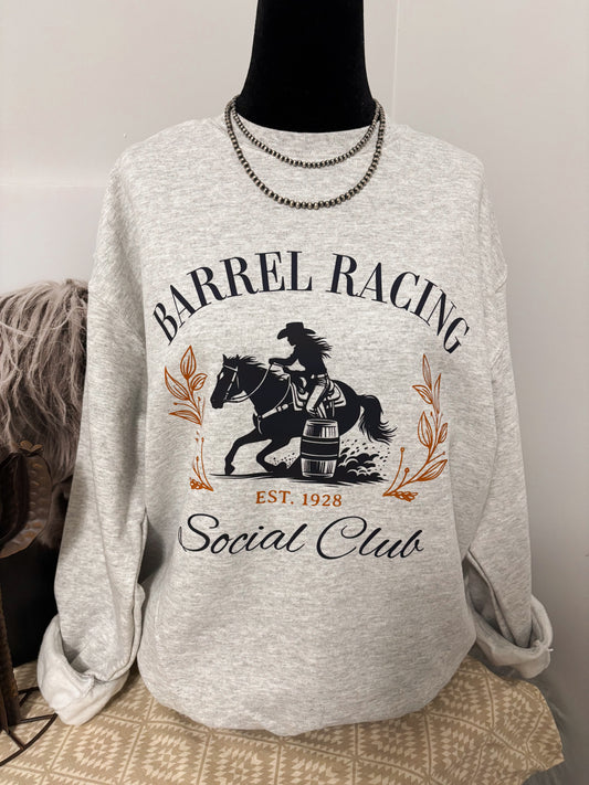 Light grey crewneck featuring a silhouette barrel racer graphic with “Barrel Racing Social Club” text, styled on a black mannequin.