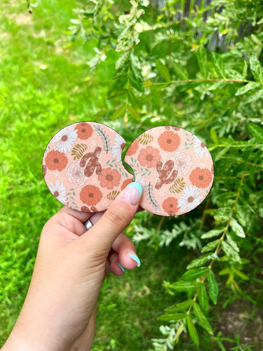 Set of Boho Cactus Blossom Car Coasters with pink floral cactus design – Hides & Kinds