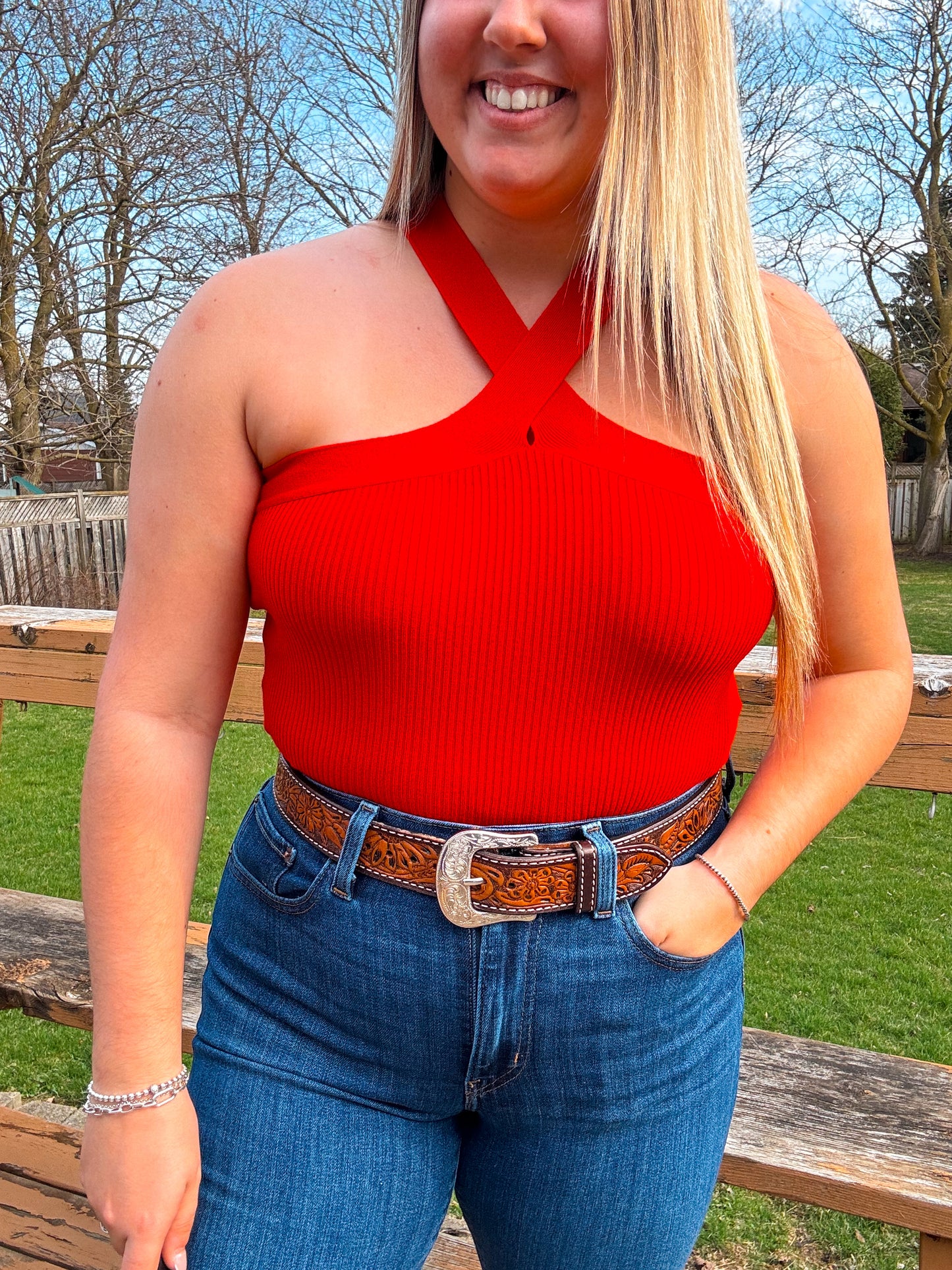 Western women’s Callie Cross Neck Crop Top in red – trendy summer outfit