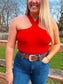 Western women’s Callie Cross Neck Crop Top in red – trendy summer outfit