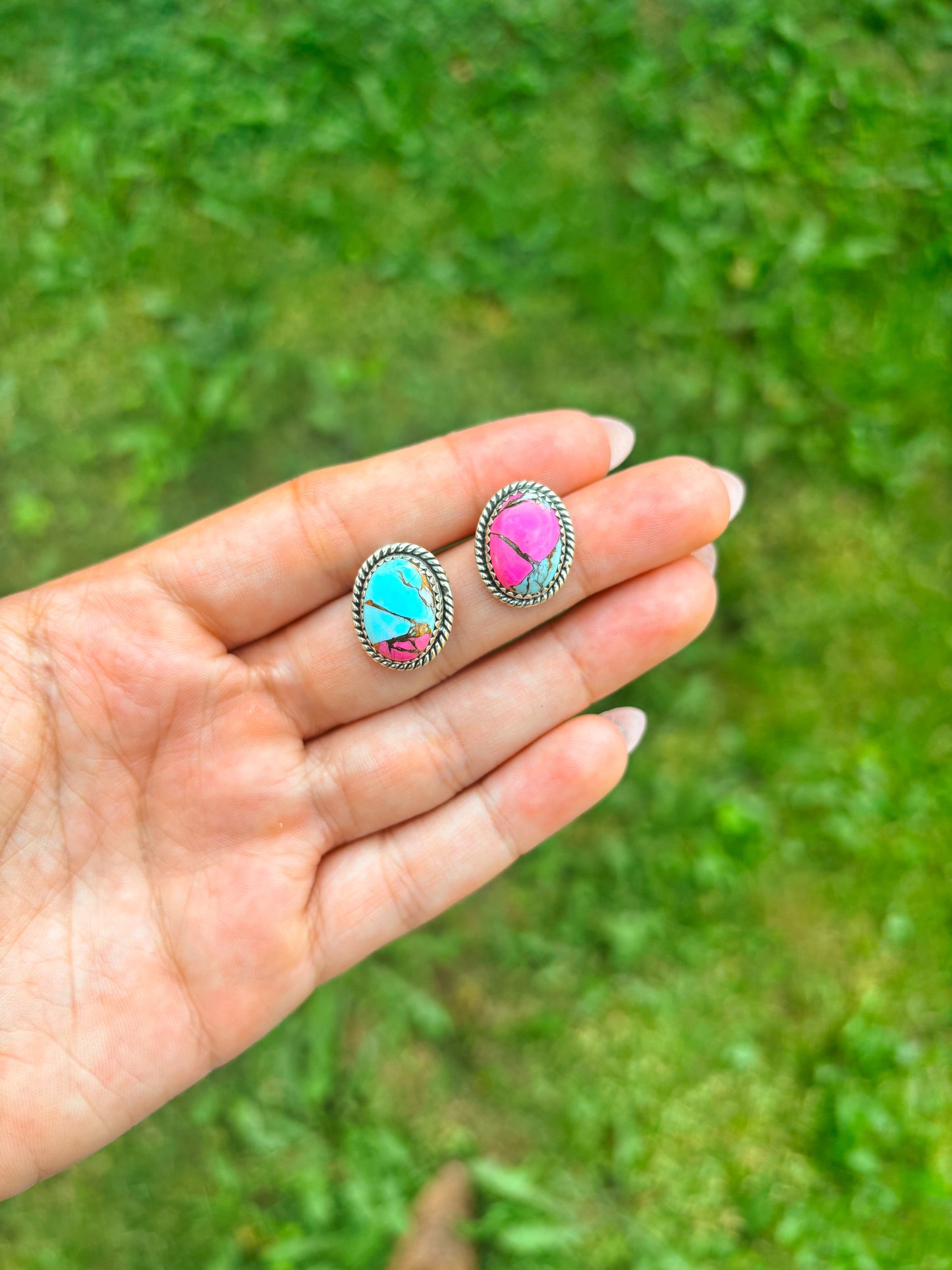 Close up of Candy Quartz Stud Earrings featuring cotton candy turquoise in sterling silver setting