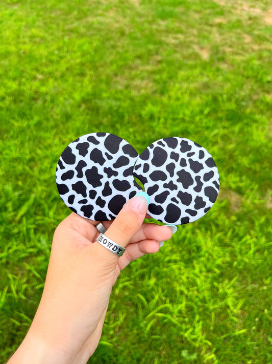 Set of Cow Print Car Coasters with black and white cowhide design – Hides & Kinds