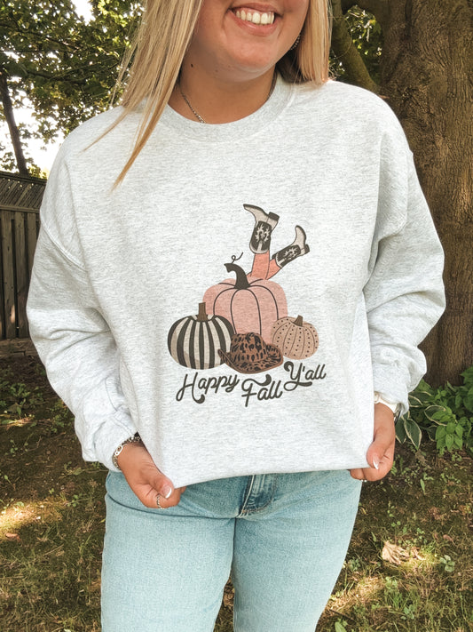 Detailed view of Happy Fall Y’all design featuring pumpkins, cowboy hat, and boots on light grey crewneck.