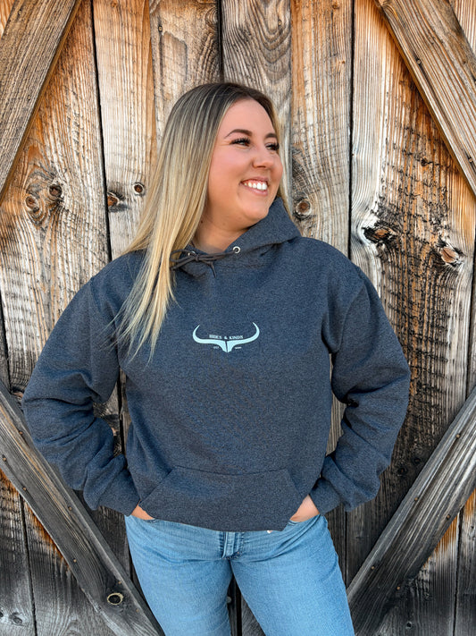 Hides & Kinds black heather hoodie with original horns logo western hoodie front view