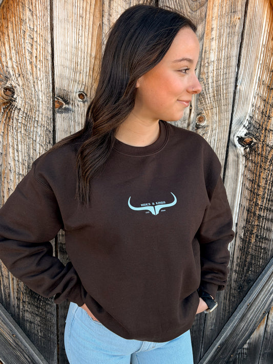 Hides & Kinds brown crewneck with original horns logo western crewneck sweatshirt front view