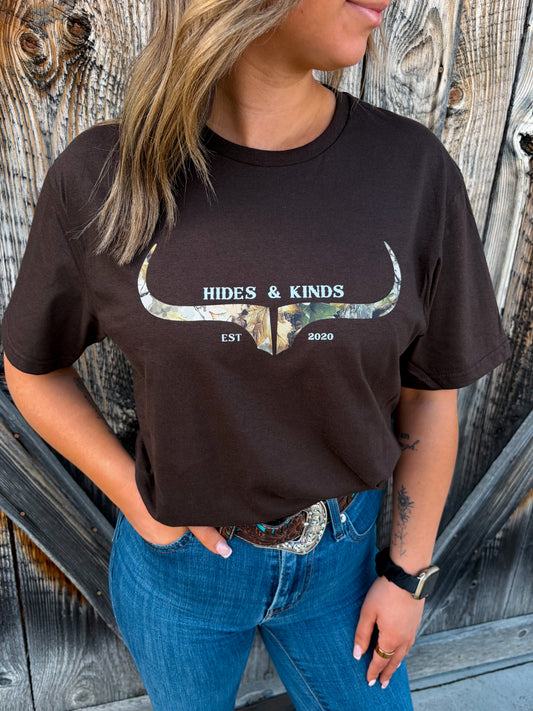 Chocolate brown western t-shirt with camo longhorn logo by Hides and Kinds