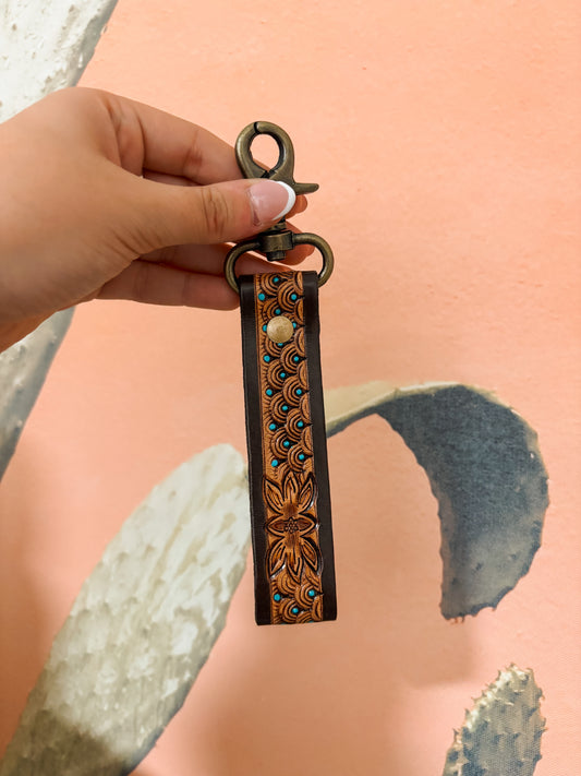 Western leather wristlet keychain in brown and turquoise floral design – Hides & Kinds