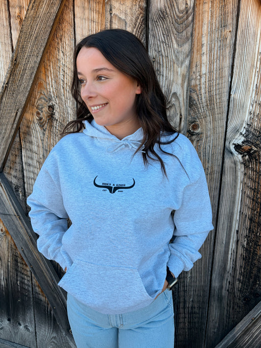 Hides & Kinds grey hoodie with horns logo western country hoodie front view
