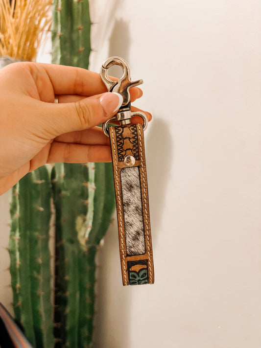Western tooled leather wristlet with hair-on accent and turquoise design – Hides & Kinds