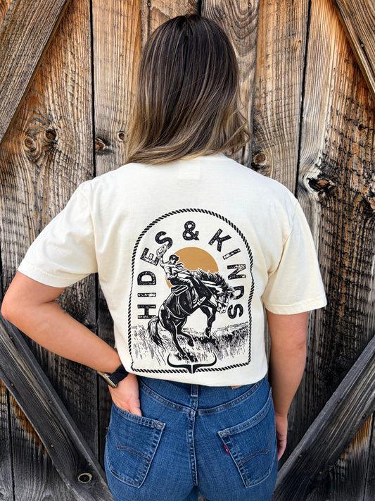 Hides & Kinds Outlaw Rider Tee in ivory featuring bold western rodeo back graphic with cowboy riding horse