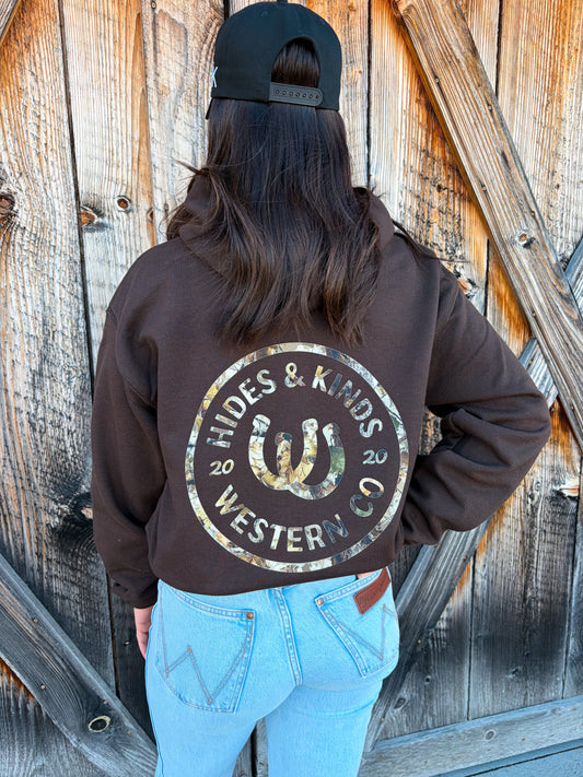 Hides & Kinds outrider hoodie chocolate brown with camo western logo on back