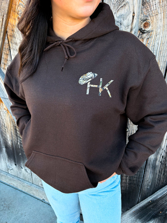 Hides & Kinds chocolate brown outrider hoodie with camo HK logo front