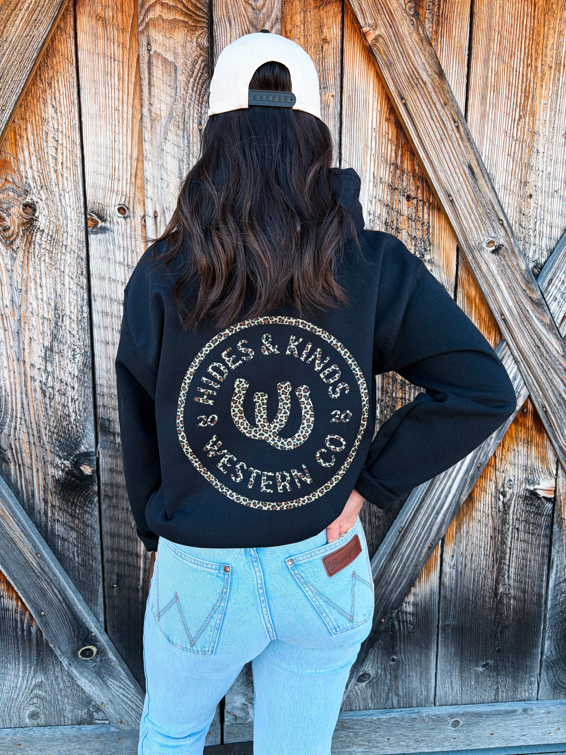 Hides & Kinds outrider hoodie with leopard print western logo on back black hoodie