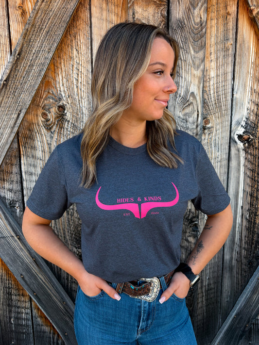 Dark grey western t-shirt with pink longhorn logo by Hides and Kinds