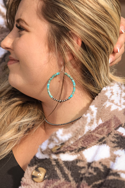Turquoise and sterling silver hoop earrings with 4mm pearls and variscite beads, handmade western jewelry by Hides & Kinds