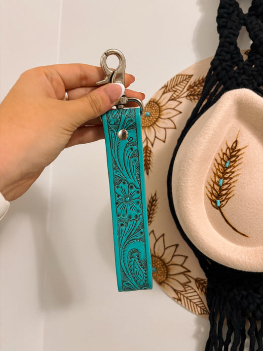 Western turquoise leather wristlet keychain with floral tooling – Hides & Kinds