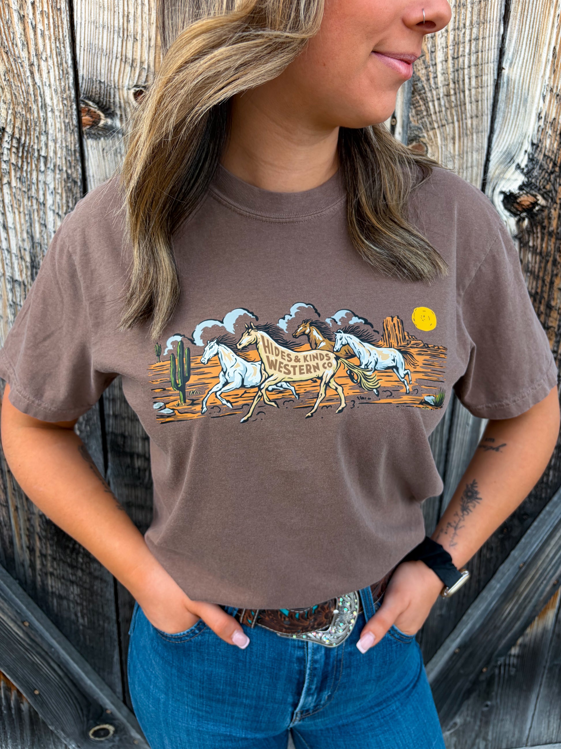Hides and Kinds Wild Run Tee in espresso with western horse graphic design close up