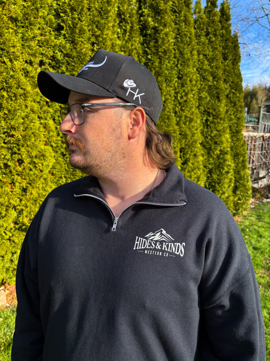 Men’s black High Country quarter zip with Hides & Kinds Western Co chest logo
