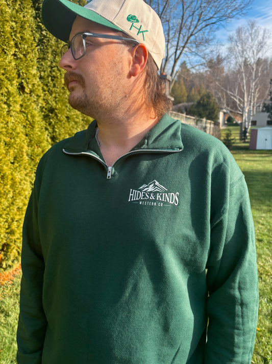 Men’s forest green High Country quarter zip with Hides & Kinds Western Co chest logo