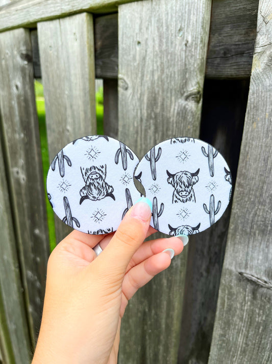 Set of Highland Car Coasters featuring Highland cow and cactus design – Hides & Kinds