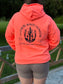 Back of coral Hides and Kinds hoodie featuring western horseshoe and cactus graphic with brand name.