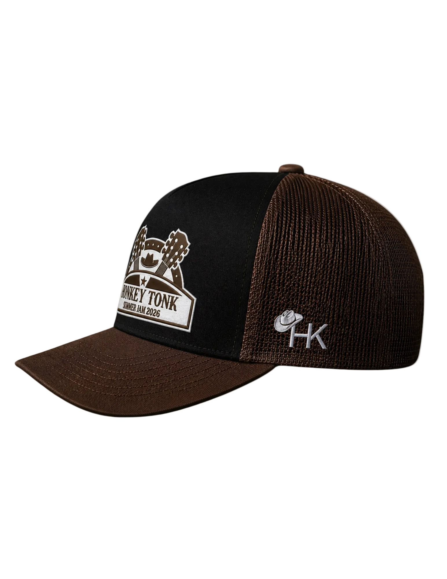 Black and brown cap with logo on a white background