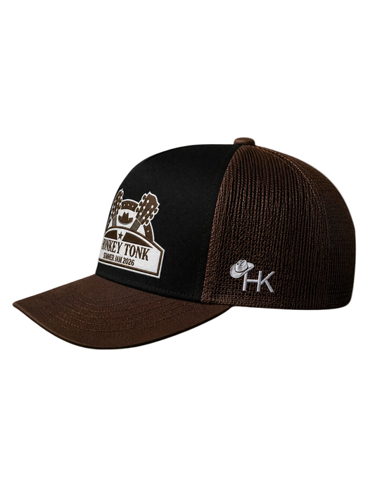 Black and brown cap with logo on a white background