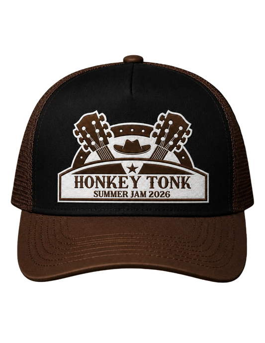 Black and brown Honky Tonk Classic trucker hat featuring a guitar inspired festival patch, mesh back, and custom HK side embroidery.