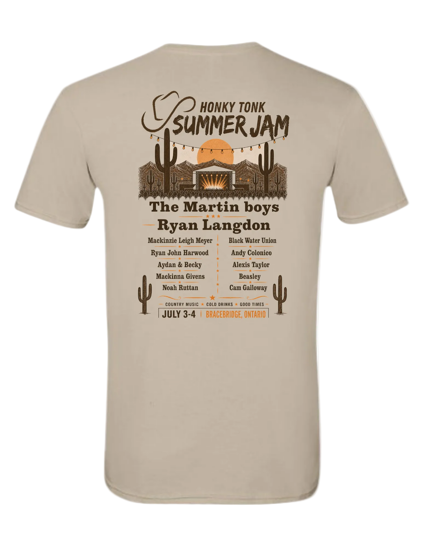 Back of sand colored Honky Tonk Summer Jam Classic Tee featuring western festival lineup artwork with desert scenery and artist names.