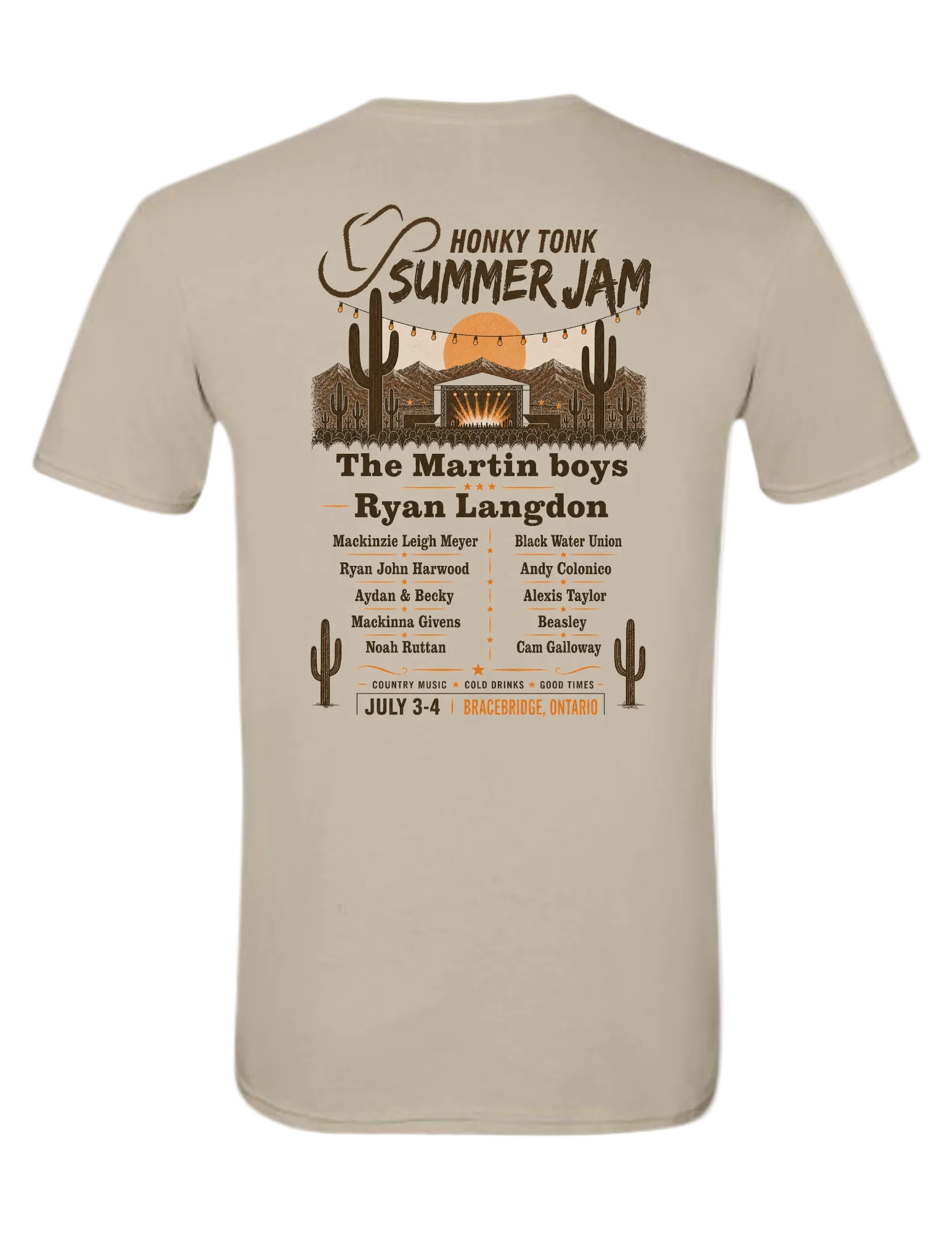 Back of sand colored Honky Tonk Summer Jam Classic Tee featuring western festival lineup artwork with desert scenery and artist names.