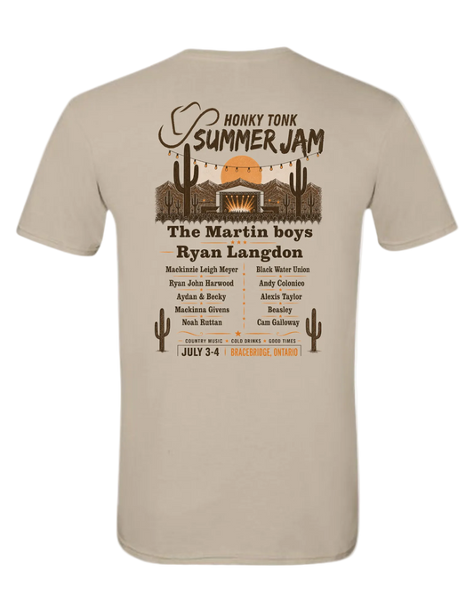 Back of sand colored Honky Tonk Summer Jam Classic Tee featuring western festival lineup artwork with desert scenery and artist names.