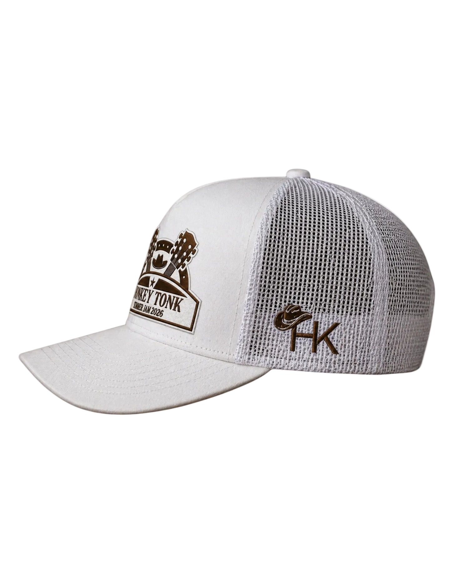 White mesh cap with brown logo