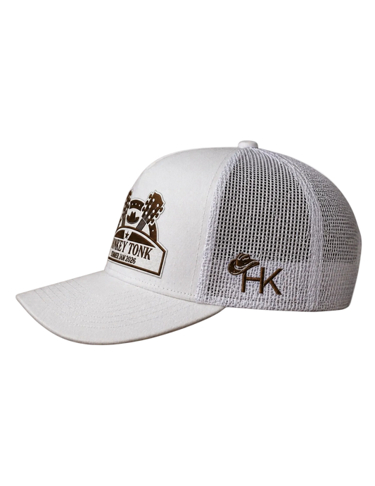 White mesh cap with brown logo