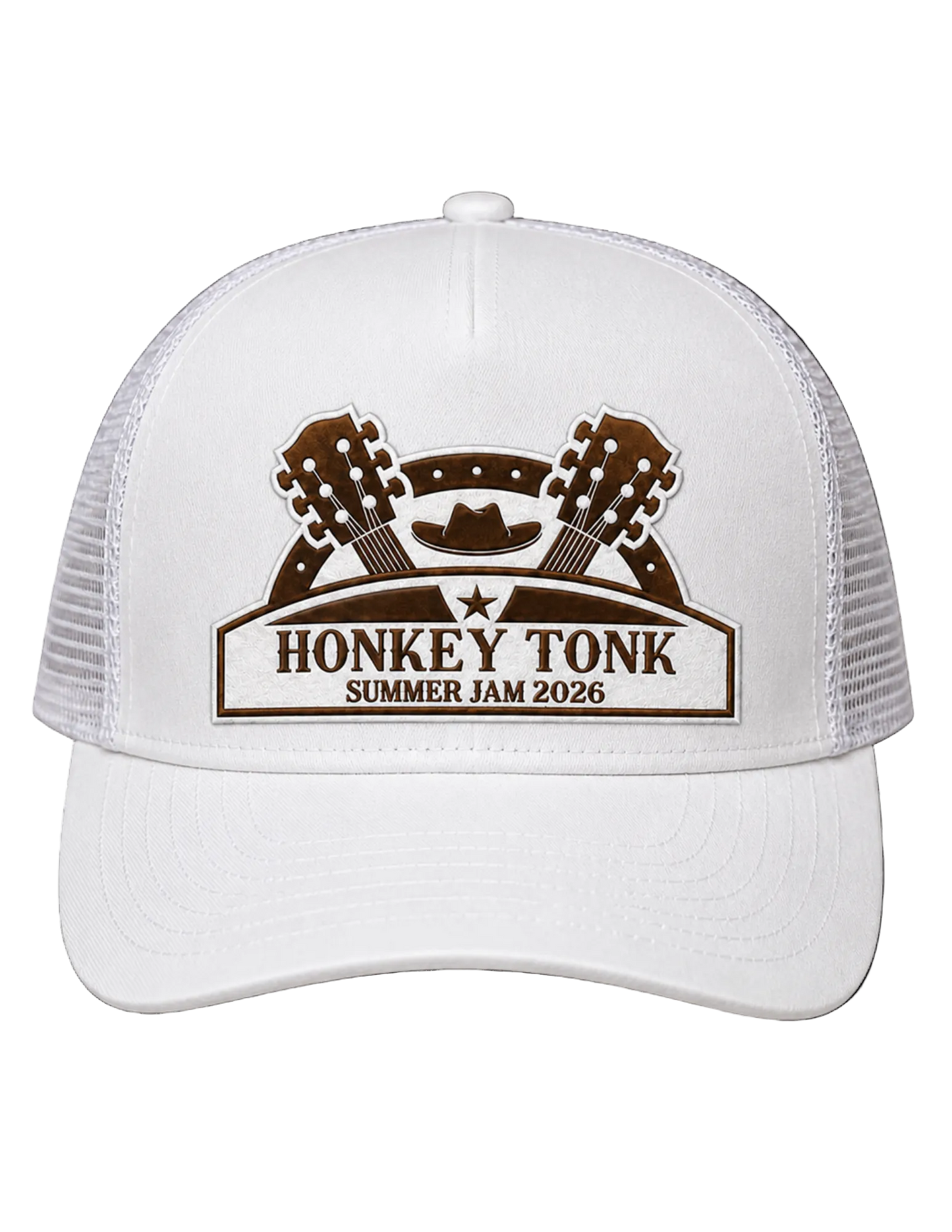 White Honky Tonk Daydream trucker hat featuring a brown guitar-inspired festival patch, white mesh back, and custom HK side embroidery.