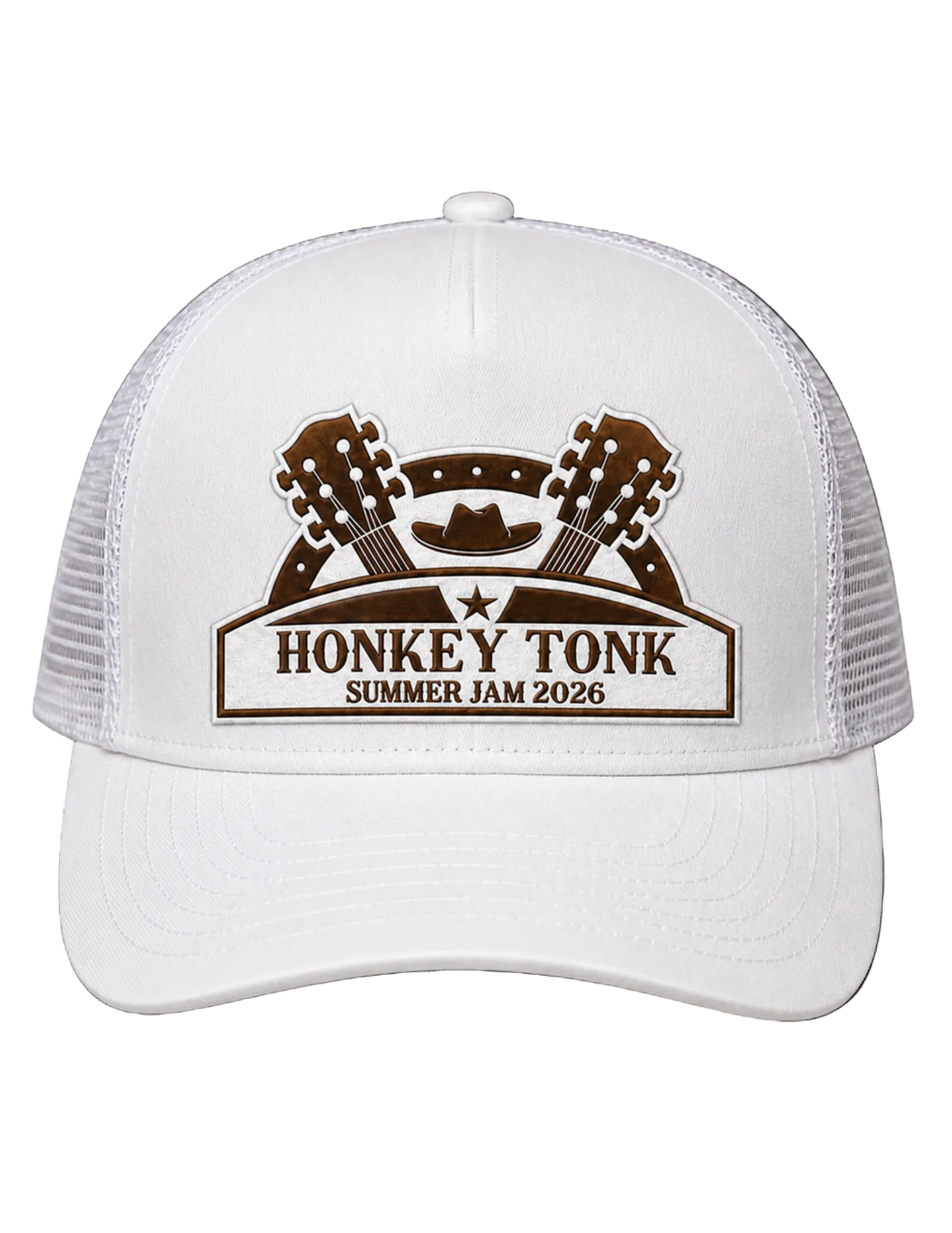 White Honky Tonk Daydream trucker hat featuring a brown guitar-inspired festival patch, white mesh back, and custom HK side embroidery.