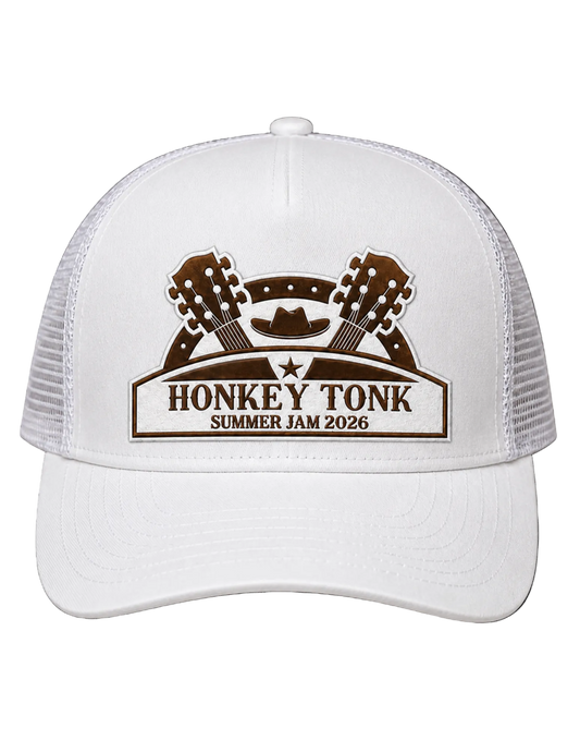 White Honky Tonk Daydream trucker hat featuring a brown guitar-inspired festival patch, white mesh back, and custom HK side embroidery.