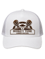 White Honky Tonk Daydream trucker hat featuring a brown guitar-inspired festival patch, white mesh back, and custom HK side embroidery.