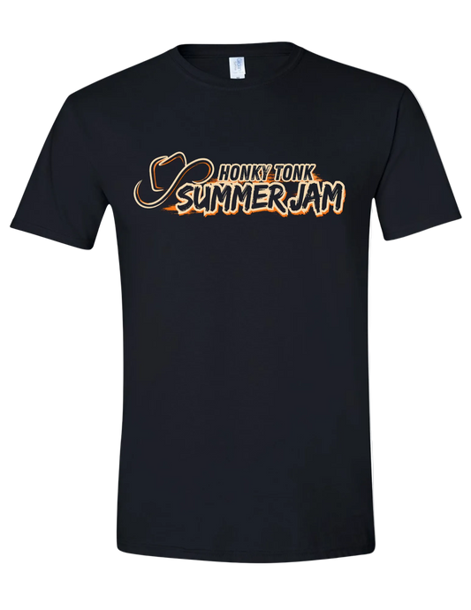 Black Honky Tonk Summer Jam 2026 graphic tee with western country music festival logo design on the front.