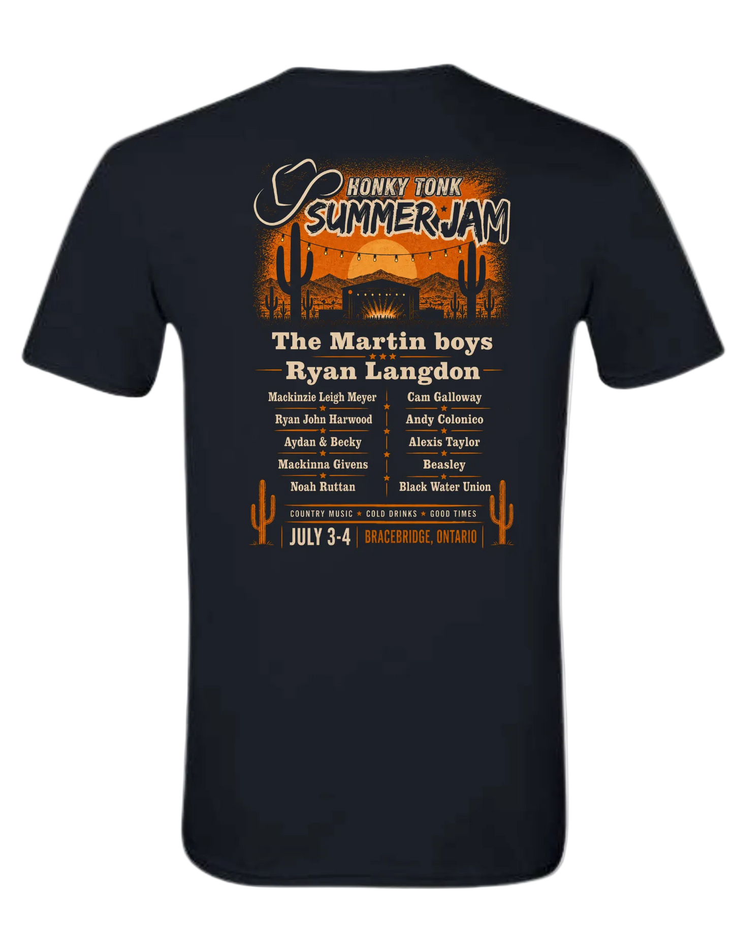 Back of black Honky Tonk Summer Jam 2026 graphic tee featuring country music festival lineup graphic with western desert artwork and artist names.