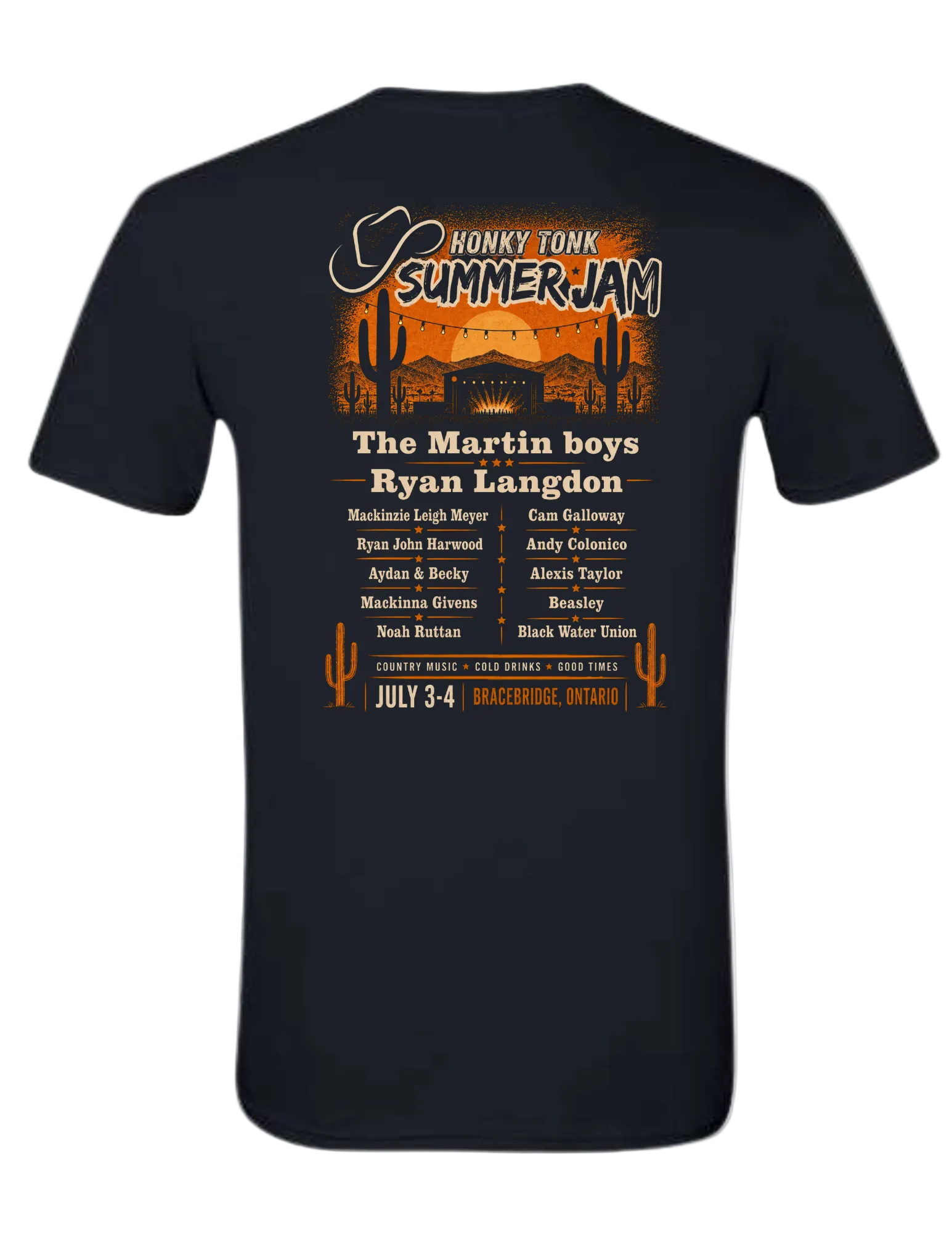 Back of black Honky Tonk Summer Jam 2026 graphic tee featuring country music festival lineup graphic with western desert artwork and artist names.