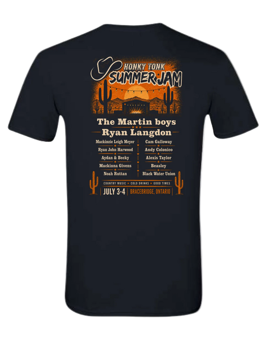 Back of black Honky Tonk Summer Jam 2026 graphic tee featuring country music festival lineup graphic with western desert artwork and artist names.