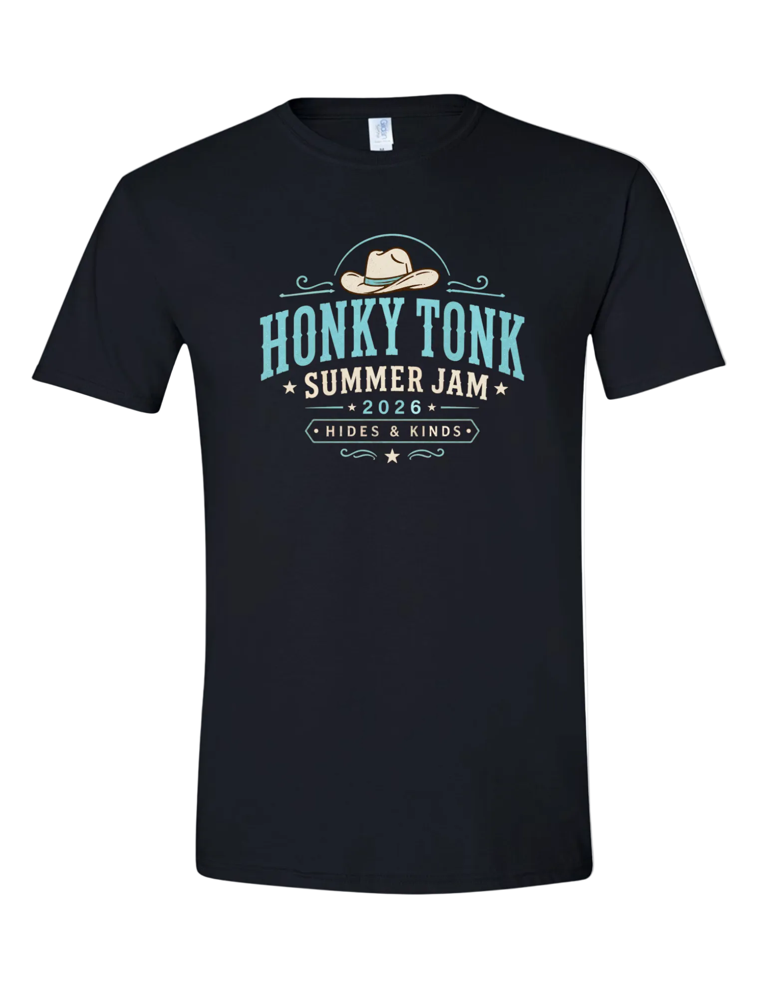 Black Honky Tonk Summer Jam 2026 graphic tee featuring western inspired turquoise country music festival design by Hides & Kinds.