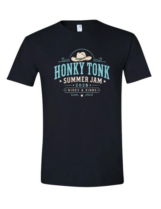 Black Honky Tonk Summer Jam 2026 graphic tee featuring western inspired turquoise country music festival design by Hides & Kinds.