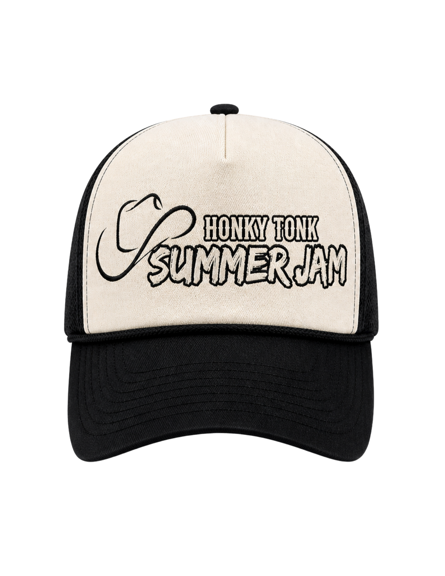 Black and white cap with 'Honky Tonk Summer Jam' text and cowboy hat icon on a white background
