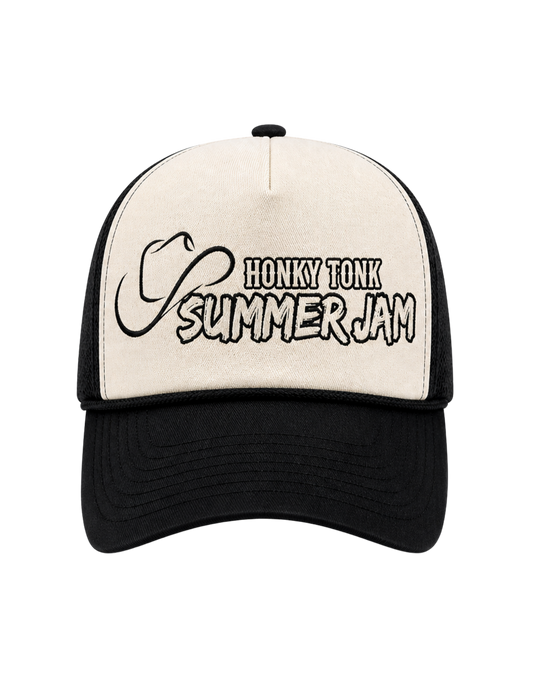 Black and white cap with 'Honky Tonk Summer Jam' text and cowboy hat icon on a white background