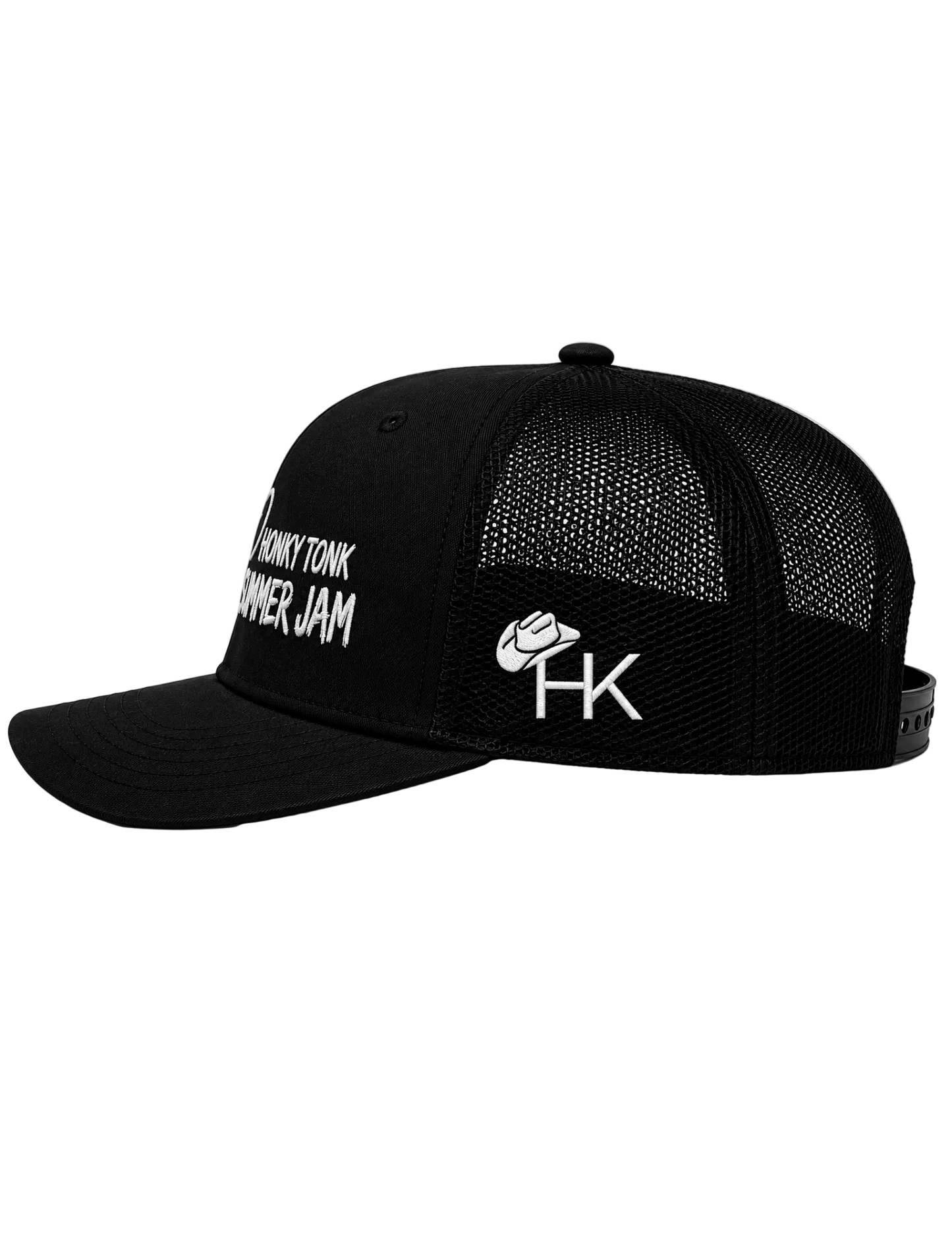 Black mesh cap with white text and logo on a white background