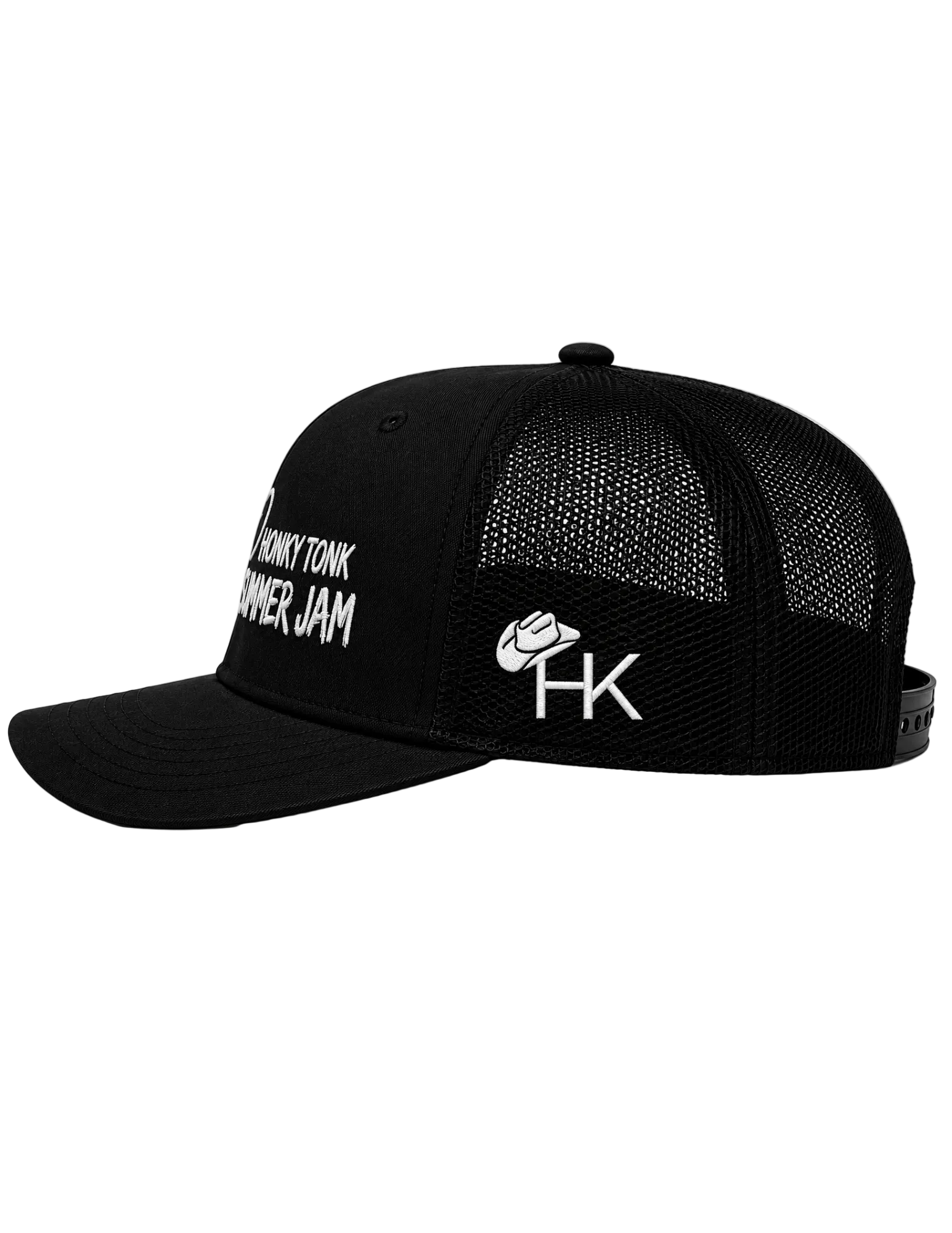 Black mesh cap with white text and logo on a white background