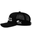 Black mesh cap with white text and logo on a white background