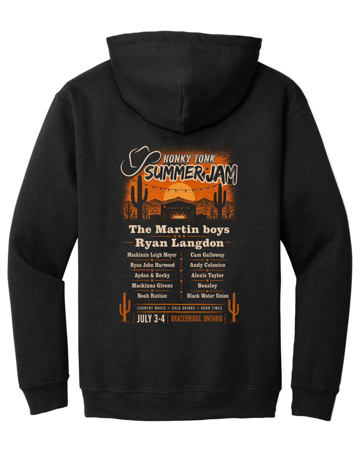 Black Honky Tonk Summer Jam hoodie featuring festival inspired western graphic on back.
